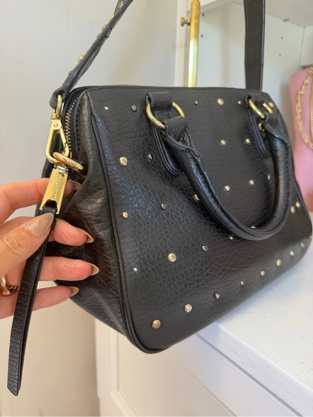 Juicy Couture EUC Black Leather Studded cross body Satchel with Gold Accents
